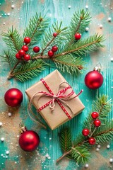 Christmas background with gift box and classic decorations. Fir branches, red balls, and jingle bells