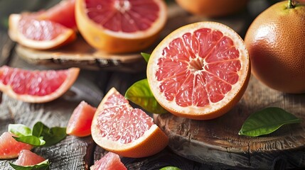 Halved Ripe Red Grapefruit on Rustic Wooden Surface