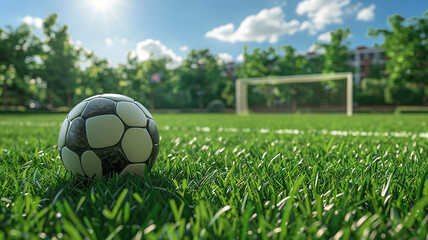 A soccer ball resting on the green grass in the back field, soccer goal in the background, 3D rendering,