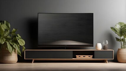 mockup of a big, contemporary black TV; png image of a single, shadowed cutout object