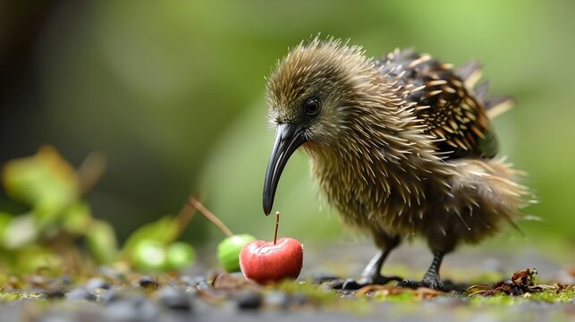 The close-up portrait of a petite kiwi-like songbird perched on a berry-covered branch in a lush forest environment