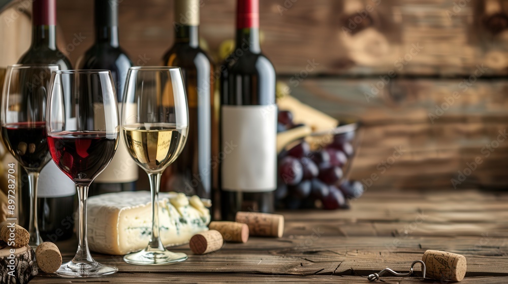 Aufkleber Wine glasses filled with red and white wine are arranged next to wine bottles on a rustic wooden table with a block of cheese and grapes. Generative AI
