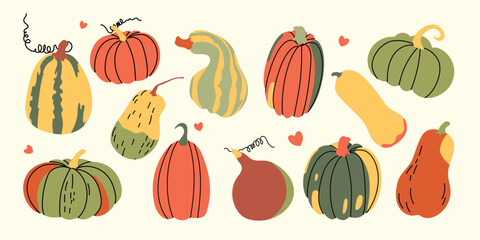 Autumn set of pumpkins. Set of hand drawn cute and cozy design elements. Autumn, Thanksgiving, pumpkin season.