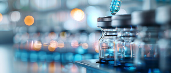 Precision in Blue: A laboratory pipette dispenses a precise drop of liquid into a vial, embodying the meticulous world of scientific research and development. 