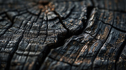 Obraz premium A close-up of a charred, weathered wooden surface showcasing intricate cracks and detailed textures. The image highlights the natural patterns and organic lines formed through the process of decay
