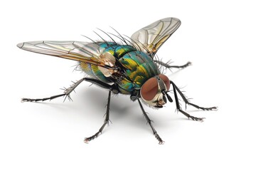A detailed shot of a fly resting on a clean white surface, great for insect or nature photography