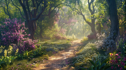Obraz premium A winding path through a vibrant forest with blooming flowers and sunlight filtering through trees.