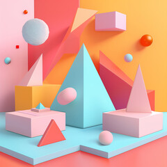 Fototapeta premium A colorful scene of geometric shapes and spheres, with a pink and blue triangle in the middle. The scene is vibrant and playful, with a sense of movement and energy