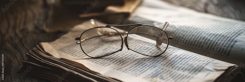 Fototapete eyeglasses are resting on top of an open book, with the text of the book visible in the background. 