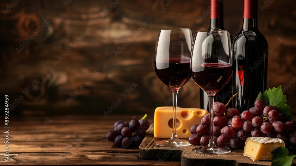 Aufkleber two glasses of red wine, two bottles of wine, cheese, and grapes are arranged on a wooden table, cre