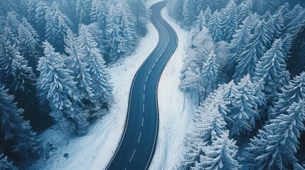 Winding Road Through Snowy Evergreen Forest