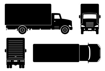Truck silhouette on white background. Vehicle icons set view from the side, front and back.