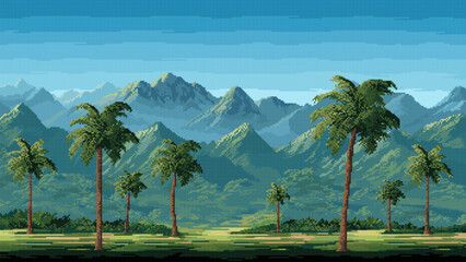 8 bit pixel art jungle forest game level landscape. Vector natural pixelated scene with tall palm trees and dense foliage in the foreground, with backdrop of towering mountains under a clear blue sky © Vector Tradition