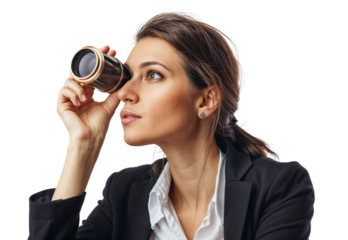 Visionary Leader: A determined businesswoman gazes into the distance with a vintage spyglass, symbolizing a strategic mindset and a vision for the future.  
