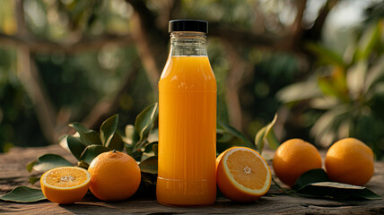 fresh orange juice in a glass bottle