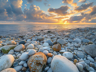 Obraz premium Sunset Over Coastal Pebble Beach With Dramatic Clouds