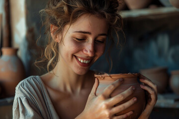 Craftsperson turning clay on pottery wheel creating vase ai generative