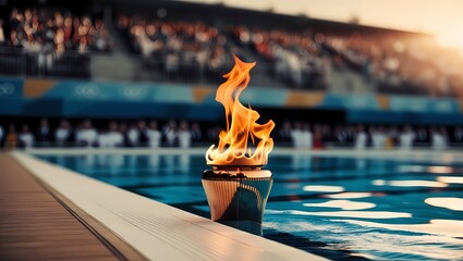 Igniting Dreams: The Olympic Torch and the Vibrant Swimming Stadium