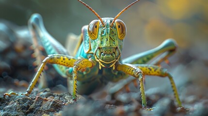 Fototapeta premium A Close-Up View of a Vibrant Green and Yellow Grasshopper on a Rock. Generative AI