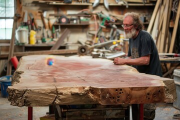 Skilled Carpenter Meticulously Sanding Wooden Table in Well-Equipped Workshop