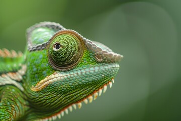 Fototapeta premium Green chameleon staring with curious big eye in its natural habitat