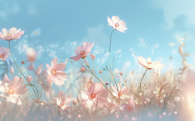 A charming digital artwork featuring ethereal pink and orange cosmos blooms.