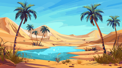 Obraz premium Oasis in the desert with palm trees and water vector cartoon illustration background copy space