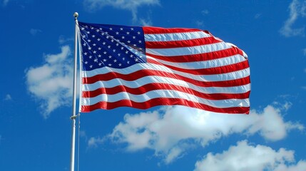 Obraz premium Patriotic Display, American Flag Flying Proudly in the Sky.
