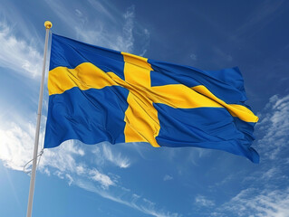 Swedish Flag Waving in the Wind on a Sunny Day