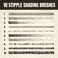 Stipple scatter brush, ink drawing and texturing. Fading gradient. Stippling, dotwork drawing, shading using dots. Halftone disintegration effect. White noise grainy texture. Vector illustration