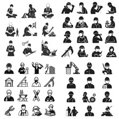 Naklejka premium A collection of black and white icons of workers in various professions