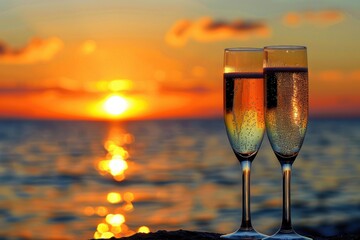 Two glasses of sparkling wine are standing on the shore, with the setting sun reflecting in the glasses