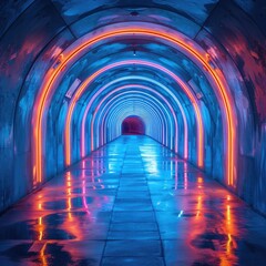 Enchanting Blue and Orange Lighted Tunnel with a Central White Glow
