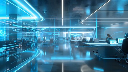 Futuristic Technology Control Center with Blue Neon Lights