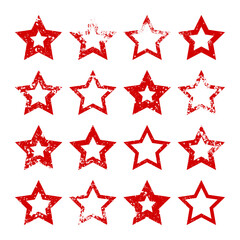 Obraz premium Red vintage stars with cracks and stains. Old hand-drawn sign, black simple shape. Retro design element with distressed effect, grunge texture. Vector illustration