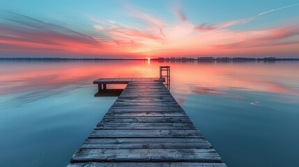 Fototapeta premium Serene Sunset Reflection on a Tranquil Lake and Wooden Dock