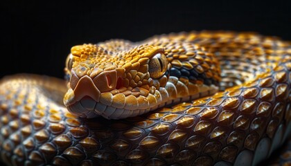 Obraz premium Create a banner featuring a rattlesnakes intricate skin pattern, highlighted against a black background, with significant copy space for text