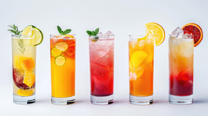 A variety of non-alcoholic cocktails in tall glasses on a white background.