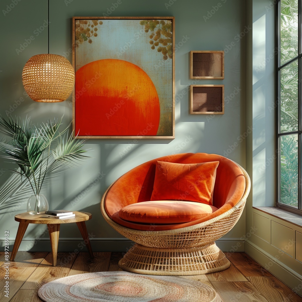 Poster Cozy living room interior with a rattan armchair and a vibrant orange painting. 