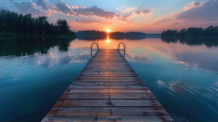 Serene Sunset on the Tranquil Lake with Wooden Dock