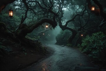 A narrow, winding forest path illuminated by lanterns, blanketed in dense fog with twisted trees creating a cryptic yet inviting entrance into the woods.