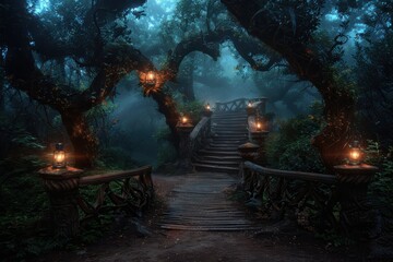 Naklejka premium A whimsical staircase in a forest adorned with lanterns and enveloped in misty foliage, creating a fantastical and serene environment perfect for adventure.