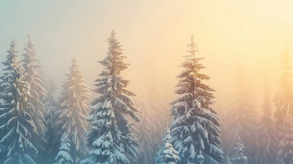 Naklejka premium Snow-capped pine trees illuminated by the first light of dawn.