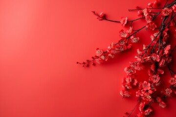 A branch with delicate red blossoms is set against a vibrant red backdrop, creating a striking contrast in the image.