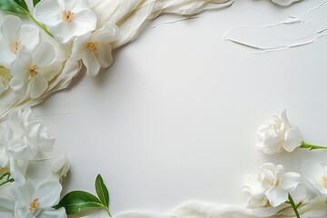 Delicate white blossoms rest on light fabric, creating a serene and soft natural look, evoking purity and elegance.