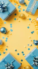 Fototapeta premium Blue and yellow holiday decoration with wrapped presents.