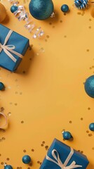 Fototapeta premium Festive blue and gold themed gifts with decorations.