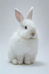 Obraz premium A white rabbit sitting on a white surface, ideal for use in design projects and illustrations
