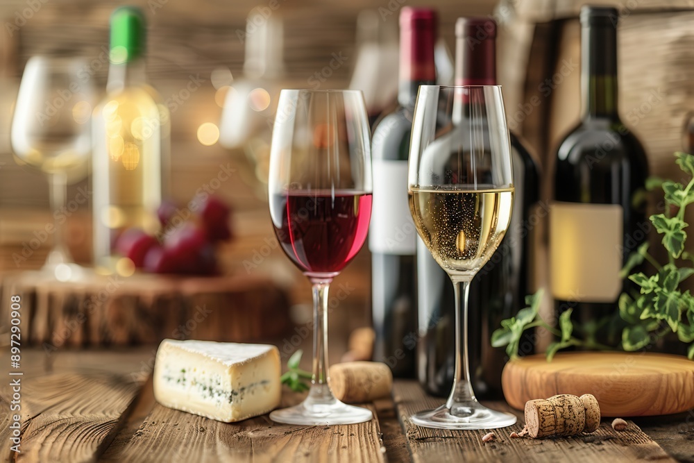 Poster two glasses of wine, one red and one white, sit on a wooden table with a wedge of cheese and a bottl