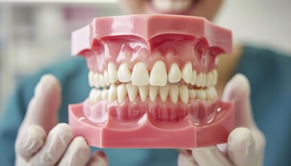 Fototapeta premium A dental professional displays a detailed model of teeth, highlighting oral health and education in a clinical setting.